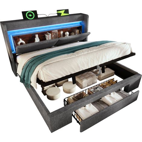 Lit 180x200 cm en lin gris avec coffre hydraulique, tiroir, tête de lit rangement, LED + ports USB/USB-C, sommier à lattes (1/5)