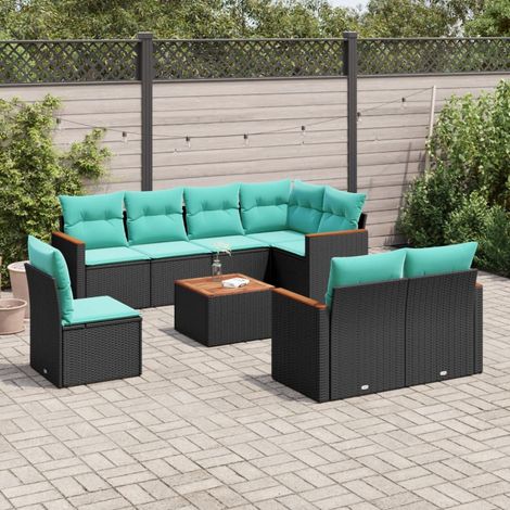9-teiliges Gartensofa-Set mit Kissen, schwarzes Polyrattan (1/5)
