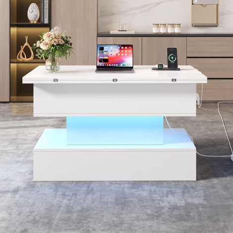 Table basse blanche 100x50x51,5 cm avec prises USB‑C/USB,LED et fonction relevable. Multifonction salon,canapé-table et table à manger.