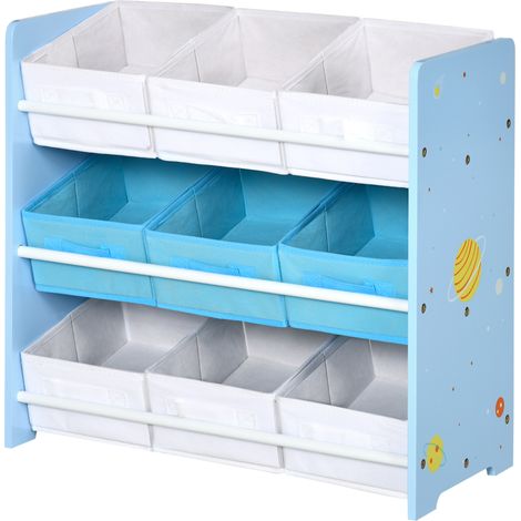 Portagiochi 9 Cestini Rimovibili MDF et Tessuto 63x30x60cm Azzurro