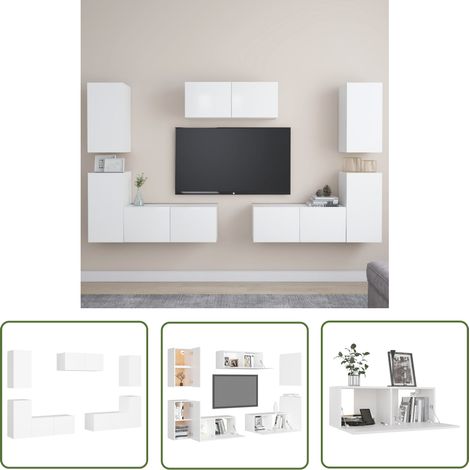 The Living Store 7-tlg. TV-Schrank-Set Weiß Holzwerkstoff - TV Schrank Set - Wandmontage - Wohnzimmerschrank - Regal - Weißes Möbelstück (1/5)