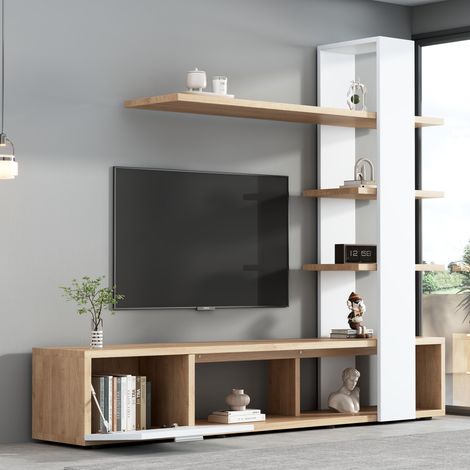Meuble TV blanc et bois, meuble de salon, meuble bas avec rangements (1/5)