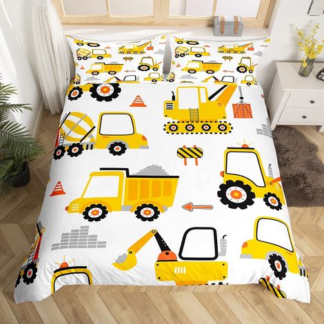 Cartoon Cars Housse de Couette 140x200cm Construction pour Enfants Literie Set Boys Car Parure de Lit Cartoon Respirant Jaune Voiture excavatrice Tracteur (1/5)