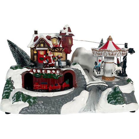 Villaggio di Natale innevato con luci e musica Natalizia - Villaggio con Giostrina e Treno in movimento - Misura 31x19,5x21 cm (1/5)