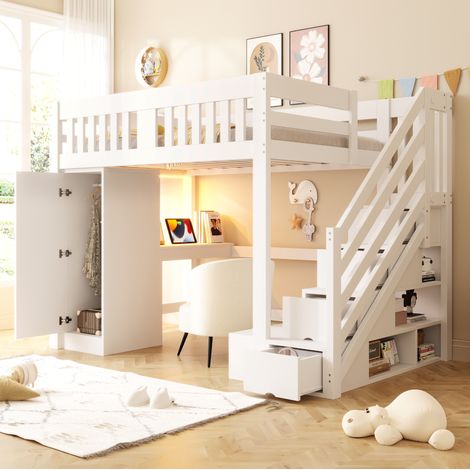 Lit mezzanine 140 x 200 cm en bois blanc avec escalier rangement, bureau et penderie (1/5)