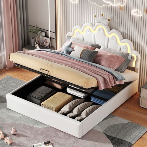 letto contenitore 140x200 con LED corona testiera bianco HAVRYA (1/5)