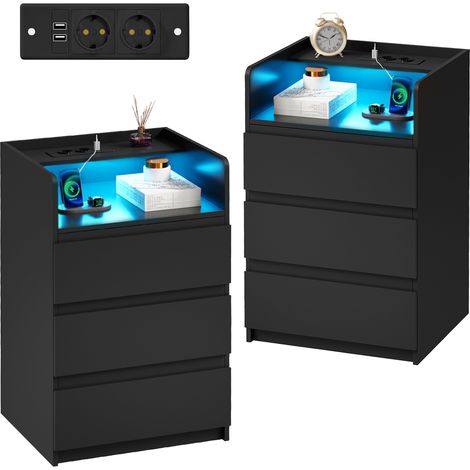 Lot de 2 table de chevet,LED réglable, prise de courant et port USB
