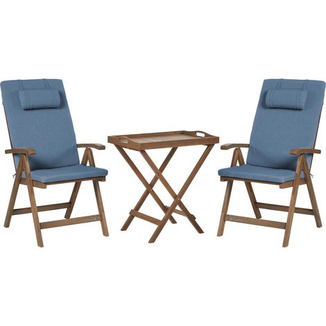 Garden Bistro Set Solid Acacia Wood with Blue Cushions Table 2 Chairs Adjustable Backrest Folding Rustic Style Balcony Furniture AMANTEA PREMIUM
