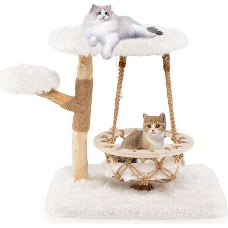 Bois massif et hamac tressé, arbre à chat 4 niveaux avec griffoir et plateformes douces pour intérieur (1/5)