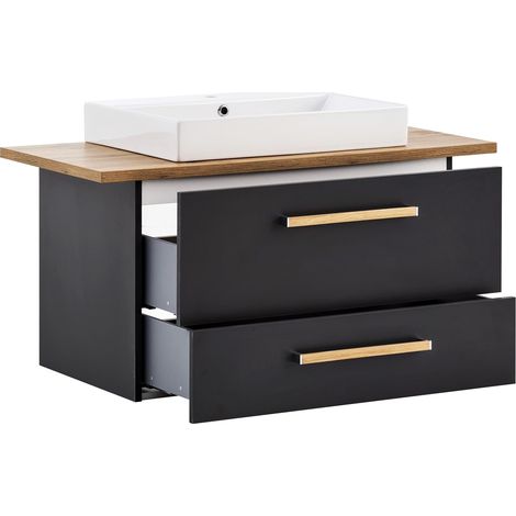 Waschtisch 102 cm Unterschrank inkl. Keramikbecken DABO-04 in anthrazit mit Landhaus-Eiche, B/H/T: 102,2/61,5/50 cm (1/5)
