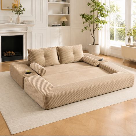 Canapé-lit modulable 180x98x80 cm en velours côtelé kaki avec porte-gobelet et poches latérales (1/5)