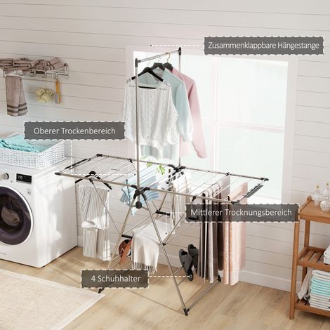 Étagère à linge pliable avec bras extensibles réglables et support chaussures, inox, 156,5 x 68 x 192 cm, gris métallisé (1/4)