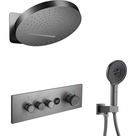 Systèmes de Douche Thermostatique, HSS0523 Moderne Colonne de Douche Encastrée, LED Affichage Numérique, Touches du Piano, 12in/32cm Mural Ensemble de Douche with Handheld, 59A Laiton Vanne (1/5)