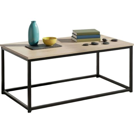 Mesa de centro fija en color roble cambrian y negro con estructura de metal para sala, medidas 90x40x48 cm