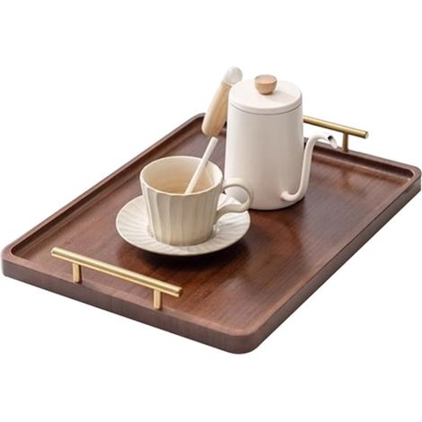 Plateau de service en bambou 40 x 30 cm, avec poignées en métal, plateau décoratif pour le café, le thé, le petit-déjeuner et l'organisation, marron (1/5)