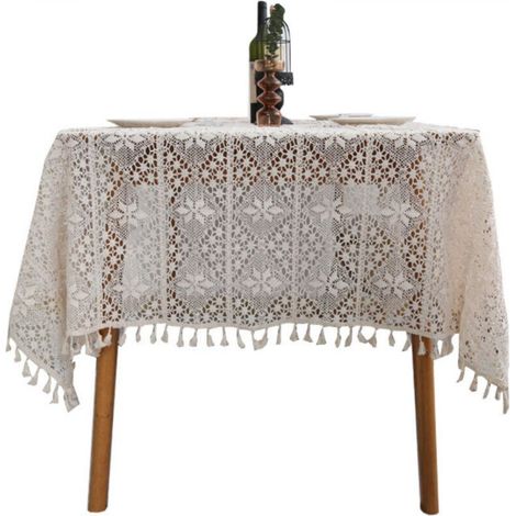 Crocheted cotton tablecloth in pastoral style with hollow tassels, beige – 140 x 160 cm (1/5)