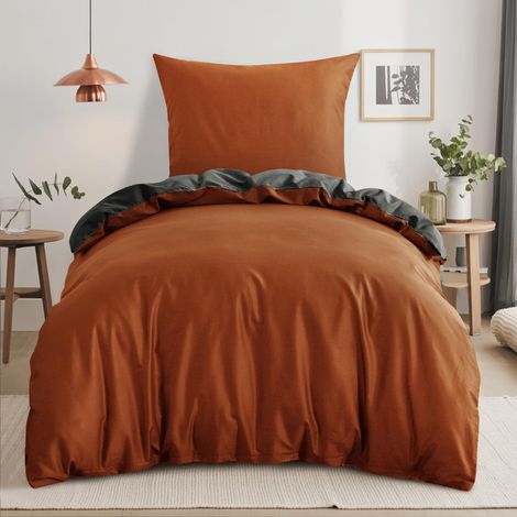 Parure de lit 140 x 200 cm en coton orange - Parure de lit 2 pièces réversible avec fermeture éclair - Housse de couette bicolore orange et gris (1/5)