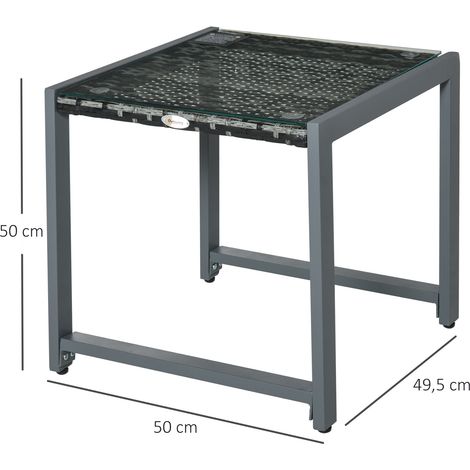 Table de jardin, table d'appoint, mobilier de jardin en verre trempé, polyrotin et aluminium, gris, 50 x 49,5 x 50 cm (1/5)