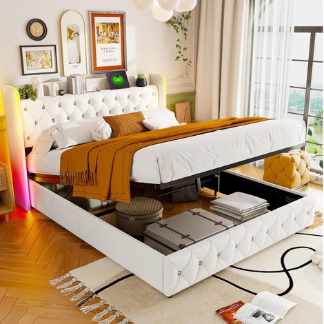 Bett 140 x 200 cm – Bettkasten 140 x 200 mit RGB-LED, Stauraum im Kopfteil und USB-Anschluss – skandinavischer Stil – aus weißem Samt
