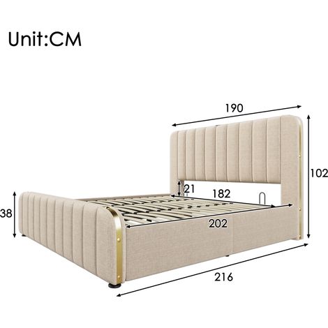 Lit double hydraulique 180x200 cm en lin beige, avec tête de lit rembourrée capitonnée, bandes décoratives dorées, chargeur USB-C intégré et coffre de rangement, livré avec matelas