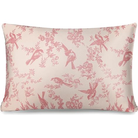 Taie d'oreiller 50x70cm Soie de Polyester avec Fermeture Éclair，Housse de Coussin Rectangulaire Doux et Lisse pour Cheveux et Peau Motif Floral-Oiseau Rose(1 Pièce) (1/5)