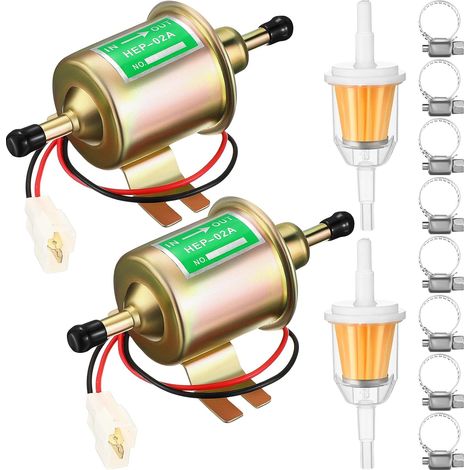 2-teiliges 12-V-Universal-Niederdruck-Elektrokraftstoffpumpen-Set, 4–7 PSI Inline-Diesel-/Benzinpumpe mit 2 Kraftstofffiltern und 8 Schlauchschellen, Vergaser HEP-02A, Gold (1/5)