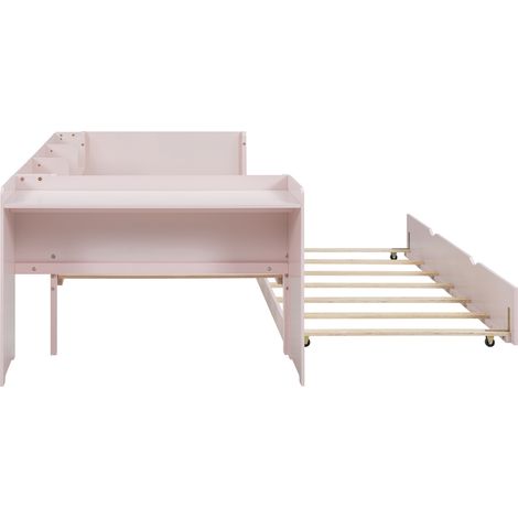 Cama infantil 90 x 200 cm rosa con cama nido, escritorio y estanterías laterales (1/5)