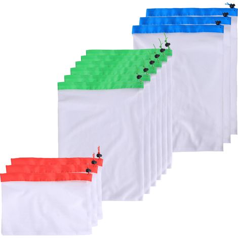 Wiederverwendbare Einkaufsnetze, 12er-Pack, waschbar, Premium-Qualität, mit verstärkten Kanten und Kordelzug, erhältlich in 3 Größen (1/5)