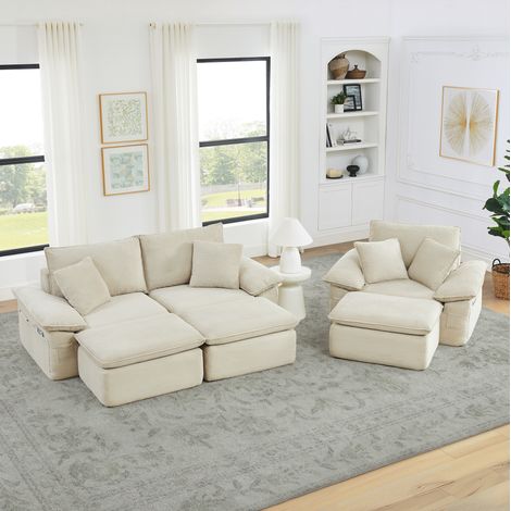 Sofá cama modulable cloud 2 plazas, sillón cama con reposapiés y bolsillos de almacenamiento, beige (1/5)
