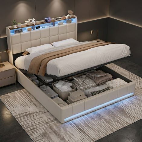 Lit coffre 160x200, lit 160x200 avec sommier, lit adulte, lit double, avec LED, charge USB/Type-C, tête de lit avec rangement, tissu en lin, beige (1/5)