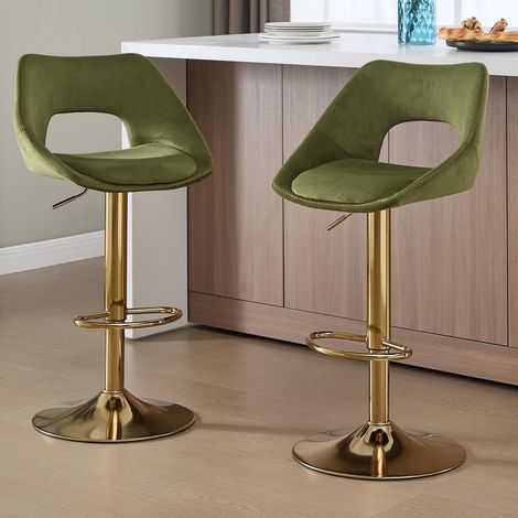 Barhocker 2er Set, höhenverstellbar, 360° drehbar, mit Rückenlehne, goldene Fußstütze, Samt Grün (1/5)