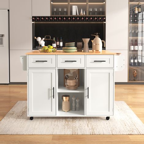 Grande desserte / buffet 139x46(71)x91,5 cm,corps blanc + plan de travail effet bois massif,plateau rabattable,porte de rangement,roulettes,pieds en bois massif interchangeables,adapté pour cuisine