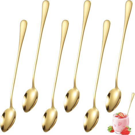 6 Pièces Cuillères à Latte Macchiato, Cuillères à Café en Acier Inoxydable à Long Manche, Cuillère Longue, Cuillere a Dessert, va au Lave-Vaisselle, pour Café, Thé Glacé, Milkshake, Desserts (Or)