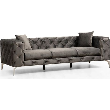 Canapé 3 places capitonné velours gris foncé et pieds chromés Herakles 237cm (1/5)
