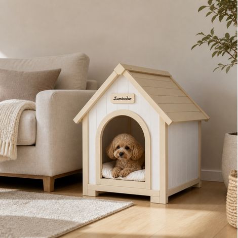 Cuccia per cani 60x55x70 cm in legno crema/bianco, cuscino lavabile, FloraGrace (1/5)