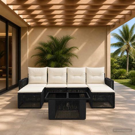 vidaXL Set Divano da Giardino 7 pz Nero e Bianco Crema polyrattan (1/5)