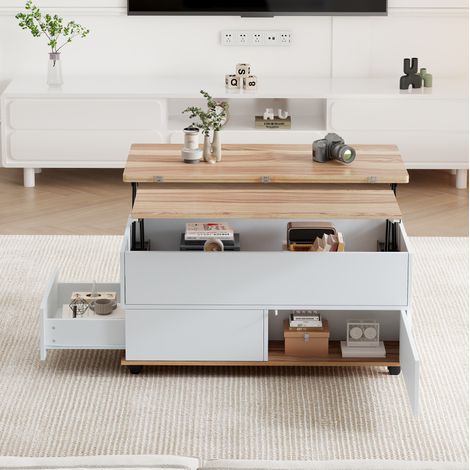 Mesa de centro elevable 100x98x65 cm blanca y madera en aglomerado con almacenaje, ruedas y cajón (1/5)