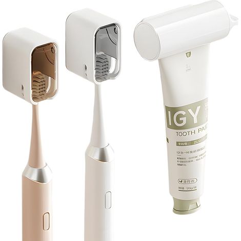 3 Pièces Support Brosse à Dents, Porte-brosse Mural Adhésif, Presse-dentifrice Rotatif, Rangement Salle de Bain (1/5)