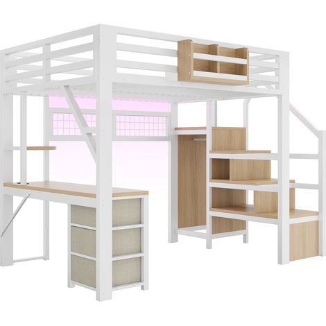 Lit mezzanine en métal 140 x 200 cm avec bureau, 3 tiroirs, rangements, armoire et LED, blanc (1/5)