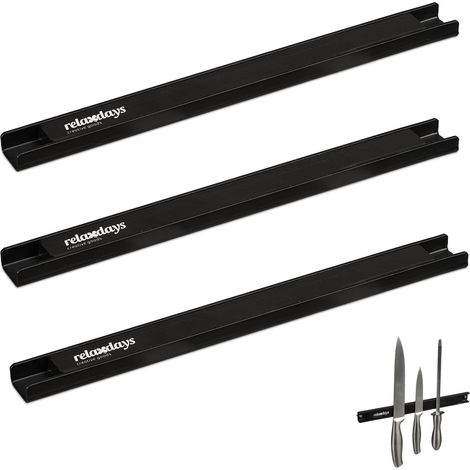 Barre magnétique, Lot de 3, Porte-Outils aimanté, Couteaux, ustensiles, 30 cm de Long, Montage Mural, Noir (1/5)