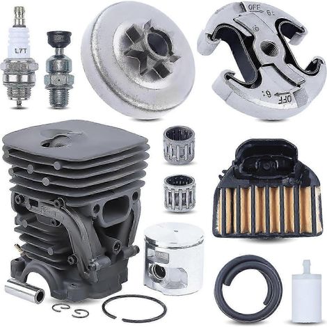 Kit piston-cylindre 47 mm pour tronçonneuses Husqvarna 455 et 460 : pièces de rechange avec tambour d'embrayage, roulement à aiguilles, bougie d'allumage, soupape de décompression et filtre à air. (1/5)