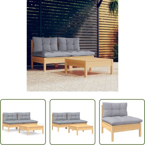 Canapé extérieur - Salon de jardin 3 pcs avec coussins gris Bois de pin (1/5)