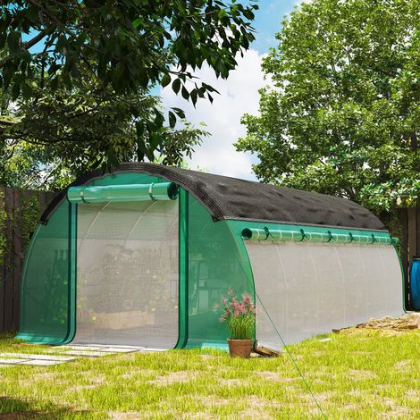 Serre tunnel 6x3x2m, pour potager extérieur, couvercle plastique cadre acier, parois roulables, filet solaire, vert (1/4)