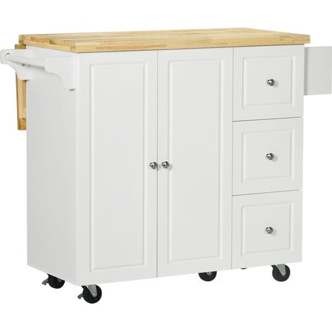 Îlot de cuisine avec plateau rabattable, 3 tiroirs, 1 placard, porte-serviettes et porte-épices, dimensions 111,5 x 75 x 89 cm, couleur blanche (1/5)