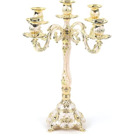 5 Arms Candelabra European Style Metal Candlesticks Holder 38 cm Metal European Style Candlelight Dinner Home Decor Golden White (1/5)