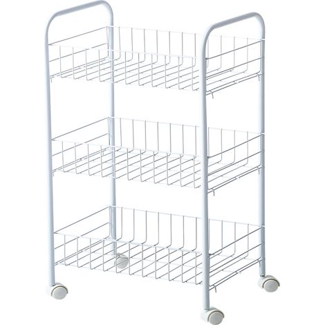 Chariot de rangement blanc 3 étages avec roulettes, bande lumineuse, support à forte capacité de charge, pour chambre et cuisine, 3 plateaux inclus (1/5)