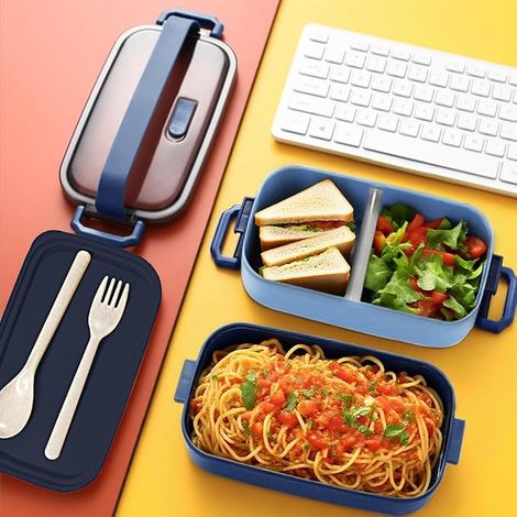 Bento Lunch Box Kit, 1600ml 2 Etages Boite Repas avec Sac Isotherme Repas, Hermétique Botes Bento pour Pique Nique, Travail, Goter, Ecole, Bote à Lunch Micro Ondable(Bleu) (1/4)