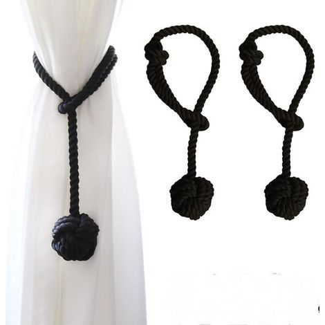 Lot de 2 embrasses de Rideaux avec Grande Boule tissée en Coton tissé à la Main pour Rideaux d'extérieur (Noir, 2) (1/4)
