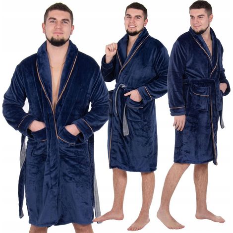 ACCAPPATOIO DA UOMO PREMIUM taglia XXL MORBIDO ELEGANTE CALDO LUNGO VELLUTO BLU SCURO (1/5)