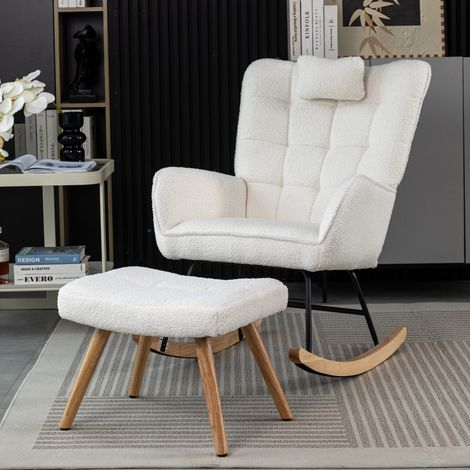 Weißer Schaukelstuhl aus Bouclé mit Fußhocker und Kissen, 92 cm OKMYHOME (1/5)